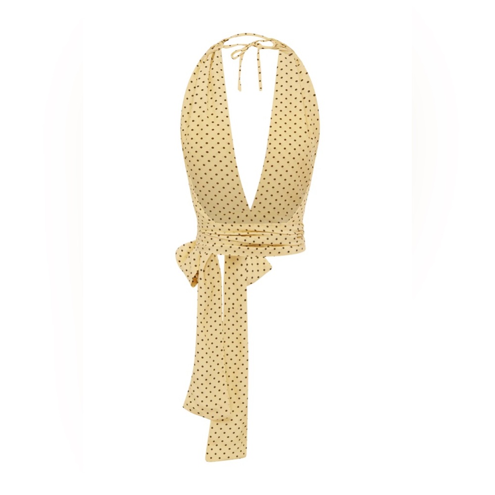 With Jean Rendezvous Polka Dot Tie-Front Halter Top – Yellow Brown Black – Small